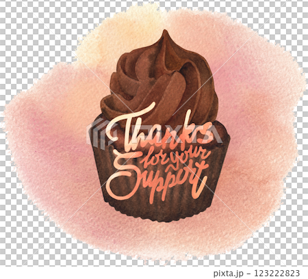 Thanks for your support. A traditional watercolor cupcake with a whipped cream and a hand-lettered inscription 123222823
