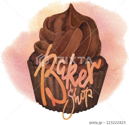 Baker shop. A traditional watercolor cupcake with a whipped cream and a hand-lettered inscription Baker shop. A traditional watercolor cupcake with a whipped cream and a hand-lettered inscription 123222825