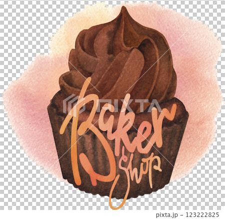 Baker shop. A traditional watercolor cupcake with a whipped cream and a hand-lettered inscription Baker shop. A traditional watercolor cupcake with a whipped cream and a hand-lettered inscription 123222825