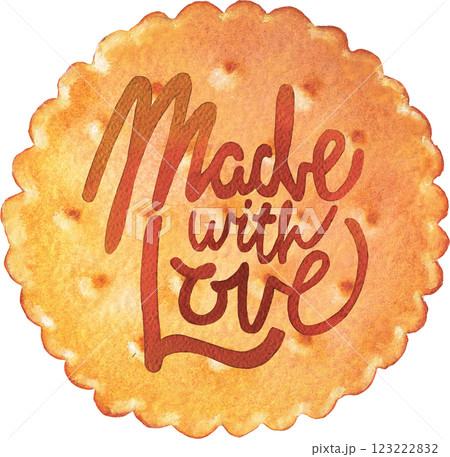 Made with love. A traditional watercolor simple circle cookie with a hand-lettered inscription on top Made with love. A traditional watercolor simple circle cookie with a hand-lettered inscription on top 123222832