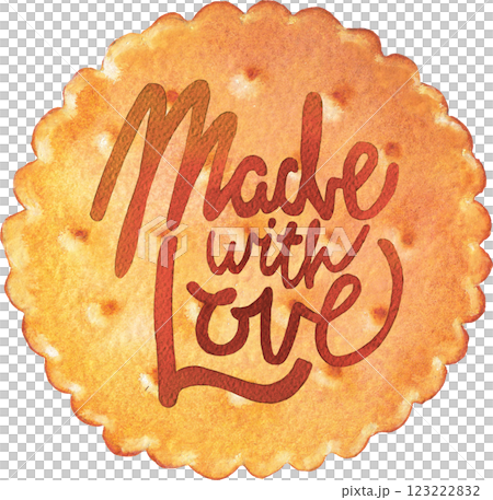 Made with love. A traditional watercolor simple circle cookie with a hand-lettered inscription on top Made with love. A traditional watercolor simple circle cookie with a hand-lettered inscription on top 123222832
