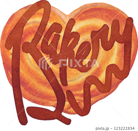 Bakery. A traditional watercolor heart-shaped bun with a hand-lettered inscription on top 123222834