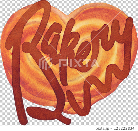 Bakery. A traditional watercolor heart-shaped bun with a hand-lettered inscription on top 123222834