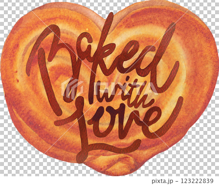 Baked with Love. A traditional watercolor heart-shaped bun with a hand-lettered inscription on top 123222839