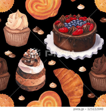 Seamless watercolor pattern of various pastry treats, such as cakes, cupcakes, buns, and candies Seamless watercolor pattern of various pastry treats, such as cakes, cupcakes, buns, and candies 123222840
