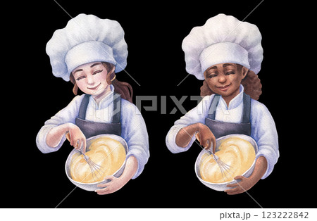 Two cute smiling pastry girls in a chef's hats and aprons are whipping cream or batter in a metal bowls 123222842