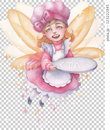 A charming watercolor illustration of a whimsical confectionery fairy carrying an empty circular plate 123222845