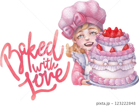 A charming watercolor illustration of a whimsical confectionery fairy carrying a beautifully decorated strawberry cake A charming watercolor illustration of a whimsical confectionery fairy carrying a beautifully decorated strawberry cake 123222848