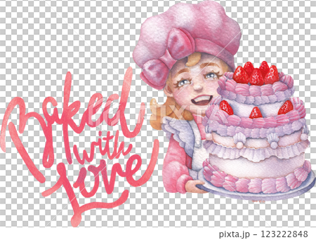A charming watercolor illustration of a whimsical confectionery fairy carrying a beautifully decorated strawberry cake A charming watercolor illustration of a whimsical confectionery fairy carrying a beautifully decorated strawberry cake 123222848