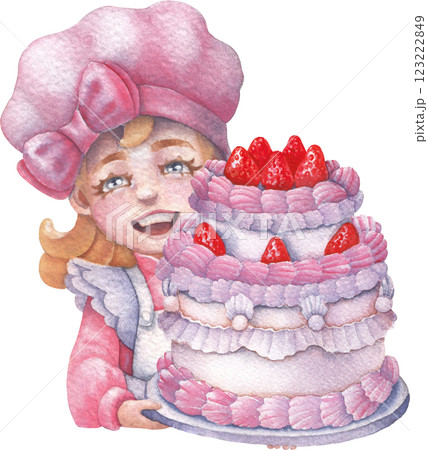 A cute smiling girl in a chef's hat is holding a large cake decorated with whipped cream and strawberries A cute smiling girl in a chef's hat is holding a large cake decorated with whipped cream and strawberries 123222849
