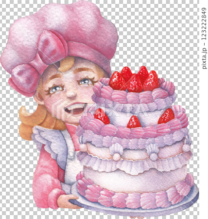 A cute smiling girl in a chef's hat is holding a large cake decorated with whipped cream and strawberries A cute smiling girl in a chef's hat is holding a large cake decorated with whipped cream and strawberries 123222849
