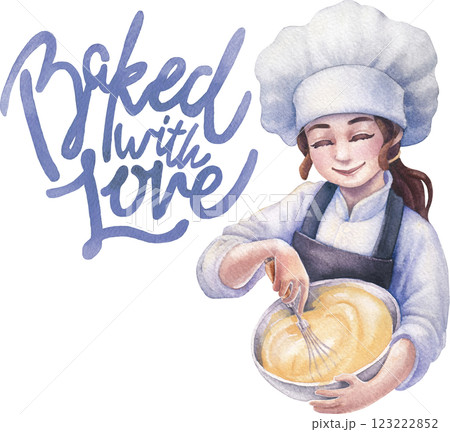 A cute smiling pastry girl in a chef's hat and apron is whipping cream or batter in a metal bowl A cute smiling pastry girl in a chef's hat and apron is whipping cream or batter in a metal bowl 123222852