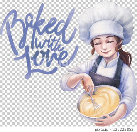 A cute smiling pastry girl in a chef's hat and apron is whipping cream or batter in a metal bowl A cute smiling pastry girl in a chef's hat and apron is whipping cream or batter in a metal bowl 123222852