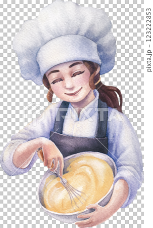 A cute smiling pastry girl in a chef's hat and apron is whipping cream or batter in a metal bowl A cute smiling pastry girl in a chef's hat and apron is whipping cream or batter in a metal bowl 123222853