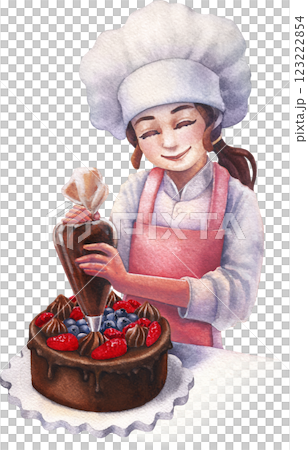 A cute girl in a chef's hat and apron is piping whipped cream onto a chocolate berry cake using a pastry bag 123222854