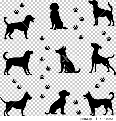 Set of dog silhouettes and paw prints 123223068