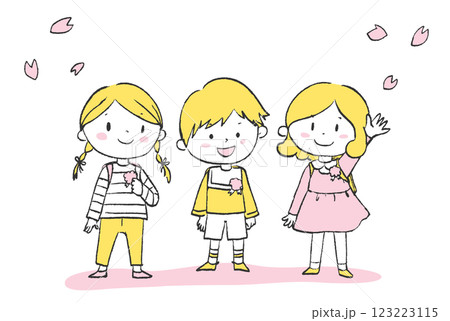 桜の下でランドセルを背負った小学生の子ども3人 桜の下でランドセルを背負った小学生の子ども3人 123223115
