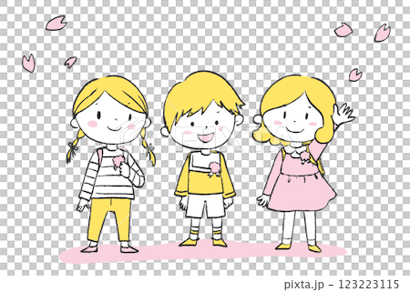 櫻花下背著書包的三名小學生 123223115