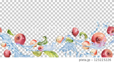 Cranberry lingonberry flying in water splash with green leaves and dew drops, hand drawn in watercolor, ripe summer forest berry. Isolated seamless banner for home preserves, stationery, recipe book 123223226