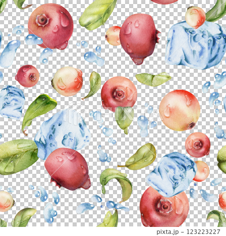 Cranberry lingonberry flying in water splash with ice cubes, drops and green leaves, hand drawn in watercolor, ripe summer forest berry. Isolated seamless pattern. Patchwork, cafe menu, farmers market Cranberry lingonberry flying in water splash with ice cubes, drops and green leaves, hand drawn in watercolor, ripe summer forest berry. Isolated seamless pattern. Patchwork, cafe menu, farmers market 123223227