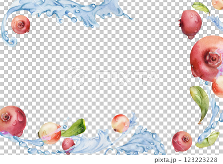 Cranberry lingonberry flying in water splash with green leaves and drops, ripe forest berry bearberry teaberry hand drawn in watercolor. Isolated border corner frame for cafe menu, farmers market Cranberry lingonberry flying in water splash with green leaves and drops, ripe forest berry bearberry teaberry hand drawn in watercolor. Isolated border corner frame for cafe menu, farmers market 123223228