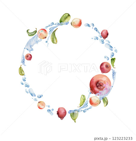 Lingonberry cranberry flying in water splash with green leaves and drops, red ripe forest berry bearberry teaberry hand drawn in watercolor. Isolated circle wreath frame for cafe menu, farmers market Lingonberry cranberry flying in water splash with green leaves and drops, red ripe forest berry bearberry teaberry hand drawn in watercolor. Isolated circle wreath frame for cafe menu, farmers market 123223233