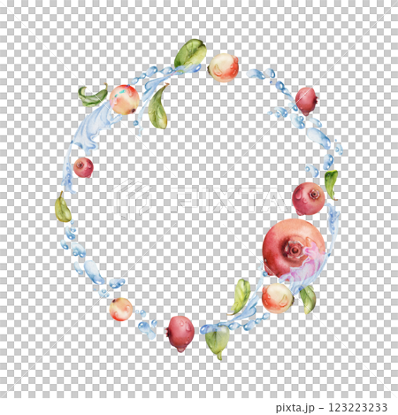 Lingonberry cranberry flying in water splash with green leaves and drops, red ripe forest berry bearberry teaberry hand drawn in watercolor. Isolated circle wreath frame for cafe menu, farmers market Lingonberry cranberry flying in water splash with green leaves and drops, red ripe forest berry bearberry teaberry hand drawn in watercolor. Isolated circle wreath frame for cafe menu, farmers market 123223233