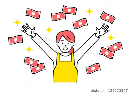 大金を手に入れて喜ぶエプロン姿の女性 大金を手に入れて喜ぶエプロン姿の女性 123223347