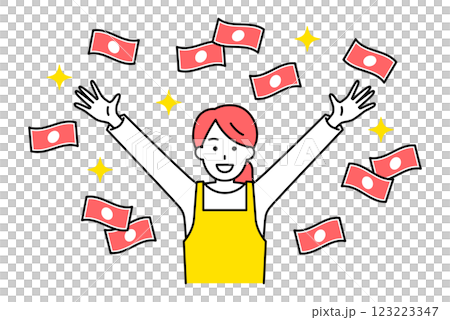 大金を手に入れて喜ぶエプロン姿の女性 大金を手に入れて喜ぶエプロン姿の女性 123223347