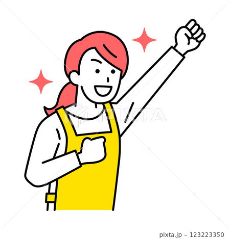 ガッツポーズで喜ぶエプロン姿の女性 123223350