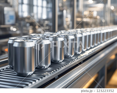 New aluminum cans moving along the conveyor belt in a beverage manufacturing factory. AI Generated. 123223352