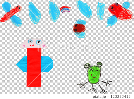 子供が製作したカラフルなカエルの顔とトンボのセット 123223413