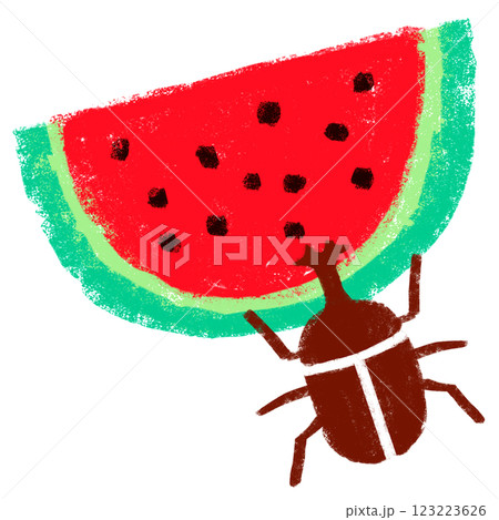 シンプルイラスト　クレヨンタッチ　カブトムシとスイカ 123223626