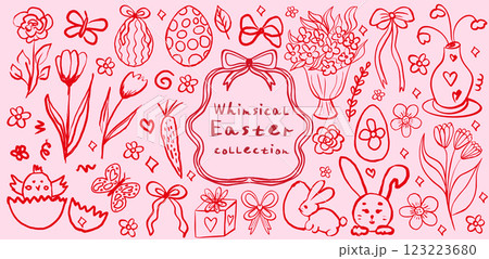 Whimsical Easter coquette set with food and wine red and pink background. La dolce vita concept. Design elements for Valentines Day greeting cards, invitations, spring. Vector illustration 123223680