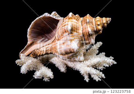 Trapezium Horse Conch on Coral black background Trapezium Horse Conch on Coral black background 123223758