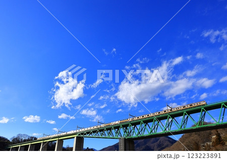 12両の中央線快速列車と鳥沢橋梁 123223891