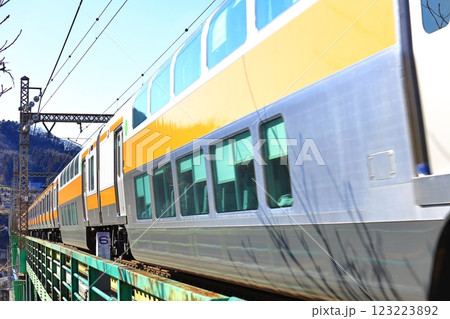 12両の中央線快速列車と鳥沢橋梁 123223892