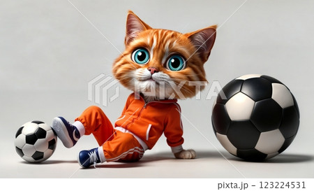 cute kitten in orange sportswear standing with football on simple background for pet and sports related designs 123224531