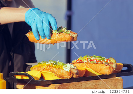 Delicious Hot Dogs with Rich Toppings Being Served at a Food Stall Delicious Hot Dogs with Rich Toppings Being Served at a Food Stall 123224721