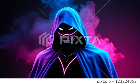 abstract glowing futuristic persona with neon hues on smoky background for tech and virtual reality designs 123224858