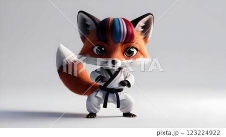 vibrant cartoon fox in martial arts attire taking a karate stance on white backdrop for design or animation purposes 123224922