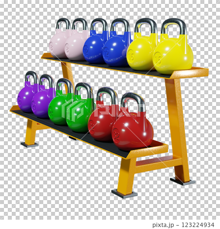 Gym rack with different Olympic kettlebells, cast iron powerlifting equipment Gym rack with different Olympic kettlebells, cast iron powerlifting equipment 123224934