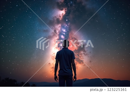 Stunning Space Scene with Silhouette of Person Gazing at the Starry Sky Stunning Space Scene with Silhouette of Person Gazing at the Starry Sky 123225161