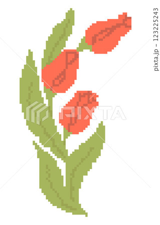 Pixel Art Spring Red Tulips Bouquet in retro 8-bit style. Vector illustration. Y2k trendy pixelated stickers. Inspired by retro video game aesthetics. Mood of 90's aesthetics. Springtime 123225243