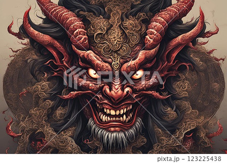 恐ろしい顔をした東洋風の悪魔のイラスト 123225438