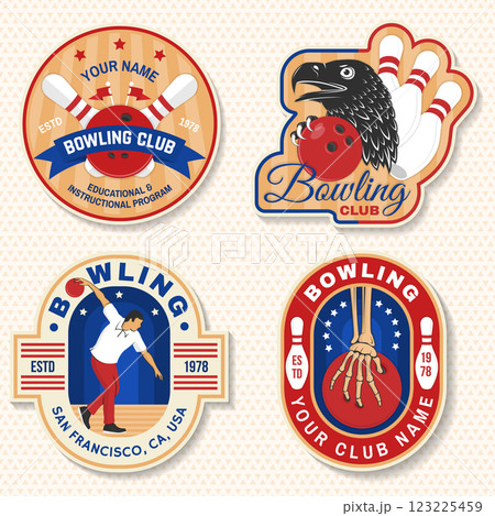 Bowling sports club stickers, logos, badges design. Vintage design with eagle, skeleton hand, bowling pins and ball silhouette. Vector. Bowling sports club stickers, logos, badges design. Vintage design with eagle, skeleton hand, bowling pins and ball silhouette. Vector. 123225459
