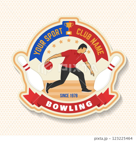 Bowling sports club sticker, logo, badge design. Vintage design with bowling pins and ball silhouette. Vector. 123225464