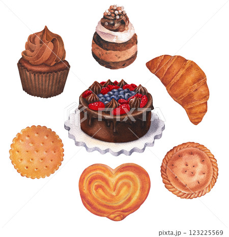 Watercolor collection of various pastry treats, such as cake, cupcake, bun, cookie, croissant and pie Watercolor collection of various pastry treats, such as cake, cupcake, bun, cookie, croissant and pie 123225569