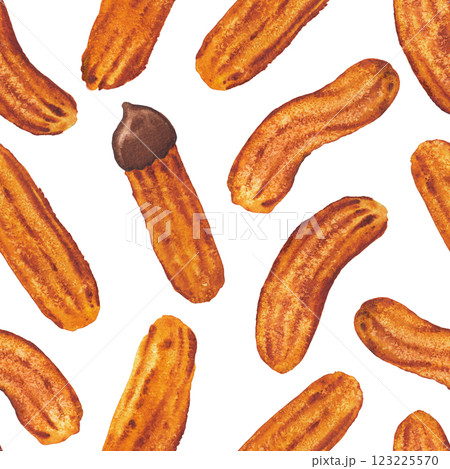Seamless watercolor pattern of sweet fried sugar churros Seamless watercolor pattern of sweet fried sugar churros 123225570