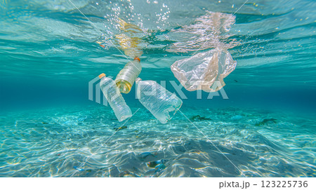 Marine litter with plastic waste beneath water surface Marine litter with plastic waste beneath water surface 123225736